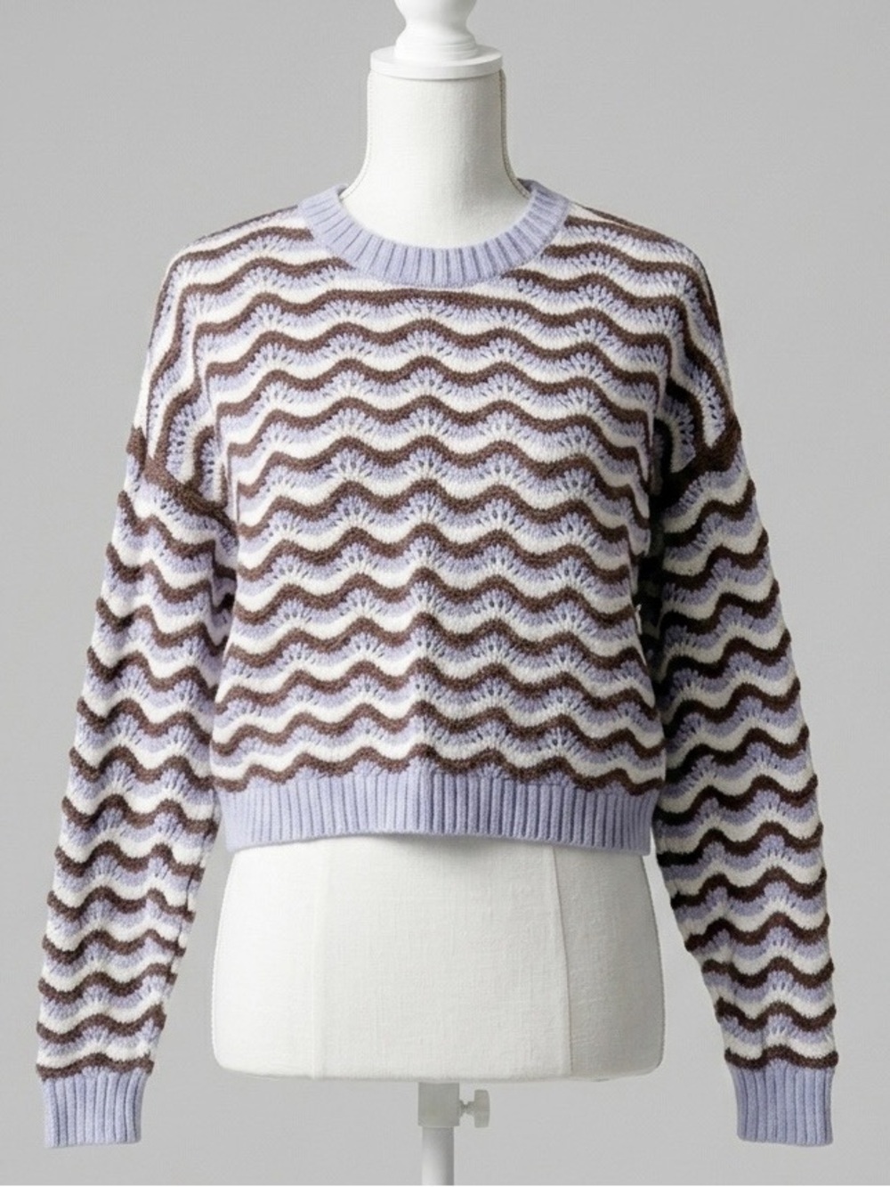 Hollister Chevron Wave Striped Cropped Cotton Knit Sweater Lavender White Size S